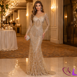 ชุดราตรีทรงเมอร์เมดประดับประดาหรูหรา |   ชุดเดรสทรงเข้ารูปประดับลูกปัดสีนู้ดอิลลูชั่น |   ชุดเดรสออกงานแขนยาวสำหรับผู้หญิง ดีไซน์เนอร์ E - Product Image 4