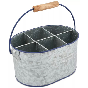 Porta cubiertos de hierro galvanizado, organizador de utensilios de metal ovalado con 6 compartimentos y mango de madera, estilo rústico portátil para casa de campo - Product Image 1