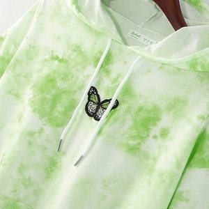 Sweat-shirt à capuche vert tie-dye pour femme avec imprimé papillon, poche avant, manches longues, tricoté, décontracté, pour le printemps - Product Image 6