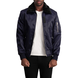 <b>Men's</b> Navy Blue Fur Collar Bomber Jacket Zipper Turn Down Collar Solid <b>Winter</b> <b>Coat</b> - Product Image 4