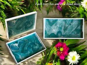 Plateau de service en bois avec incrustation de résine océanique, qualité assurée, fait main, vaisselle pour le thé, les boissons, les collations, le petit-déjeuner, pour la salle de bain - Product Image 4