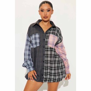 Oversized <b>Plaid</b> Patchwork Flannel <b>Shirt</b> With Turn Down Collar Full Sleeve Casual Top For Women Autumn Style - Product Image 5