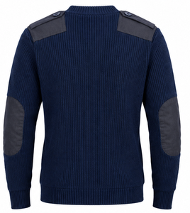 Suéter de punto acanalado azul marino con cuello en V y parches en hombros y codos - Product Image 5