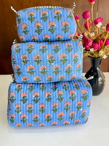 Sacs de toilette bohèmes, ensemble de trousses de maquillage en coton matelassé bleu et blanc, taille moyenne, multifonctions, avec fermeture éclair, pour voyages - Product Image 4