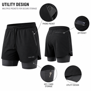 Men's Two <b>Layer</b> Performance Shorts Quick Dry Drawstring Waist Sporty Style With Pockets Solid Black - Product Image 2