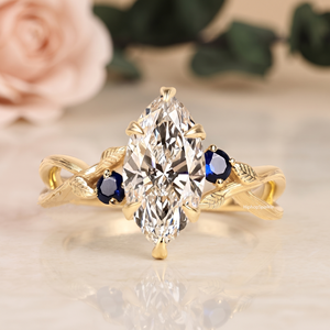 Bague de luxe en or avec pierres latérales taillées en marquise, baguette et rondes, design de bande conique, bijou élégant et de prestige - Product Image 1