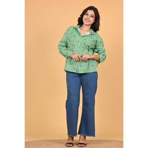 Blusa de Manga Larga con Botones y Estampado de Corazones a Rayas de Algodón para Mujer, Informal, Ecológica, de Secado Rápido, Atuendo Lindo para San Valentín - Product Image 2