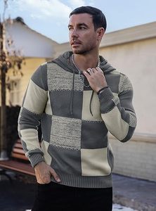 Pull à capuche pour homme, brodé, à carreaux, color-block, en tricot gaufré texturé, 100% coton, coupe oversize, décontracté, rétro - Product Image 2