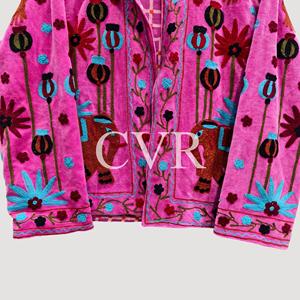 Abrigo de Terciopelo Rosa con Bordado Floral a Mano, Cuello Mao, Manga Larga, Ropa Exterior Informal de Otoño para Mujer - Product Image 4