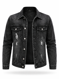Chaqueta de Mezclilla Negra para Hombre con Logotipo Personalizado, Cierre de Botones, Corte Regular, Lavado Desgastado, Estilo Casual Urbano, Ropa de Otoño, 100% Algodón - Product Image 2