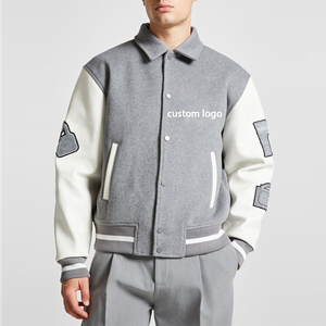 Chaqueta Varsity Gris para Hombre con Mangas Blancas, Diseños de Parches, Cuello Camisero, Botón Único, Estilo Casual - Product Image 1