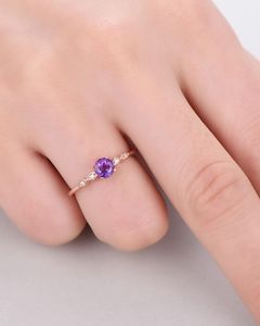 Bague de fiançailles en améthyste, argent 925 plaqué or rose 14 carats, CZ rond, style Art Déco, bague de mariée - Product Image 6