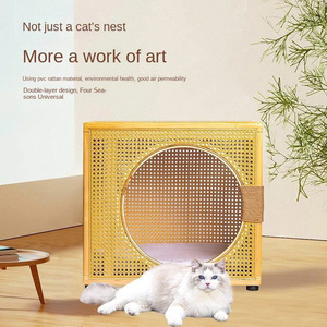Cama para Gatos de Madera Maciza con Rascador, Villa para Gatos de Ratán Chino, Diseño Creativo Universal, Transpirable y de Gran Valor Estético - Product Image 3
