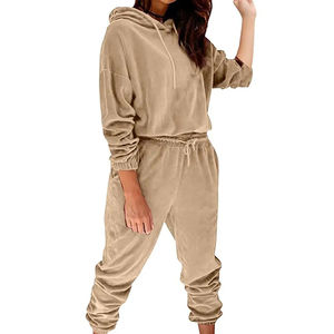 Nouveaux ensembles de survêtements en velours élégants pour femmes, comprenant un haut court à capuche et un pantalon de jogging, ensemble 2 pièces - Product Image 1