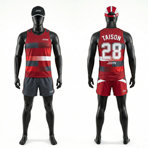 ชุดวิ่งผู้ชาย 150 GSM ผ้าโพลีเอสเตอร์ระบายอากาศได้ดี สีน้ำเงินกรมท่า ดีไซน์แผงสีขาว พิมพ์ลายแบบ Sublimation พร้อมโลโก้สั่งทำพิเศษ - Product Image 2