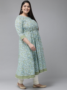 Kurti Anarkali en coton bleu avec col rond et manches trois quarts pour femmes grandes tailles, tenue élégante pour tous les jours - Product Image 4