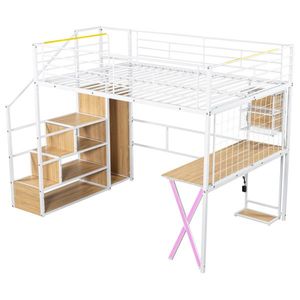 Letto a soppalco in metallo bianco a grandezza naturale con LED integrati per bambini, con postazione studio, armadio e scala contenitore - Product Image 4