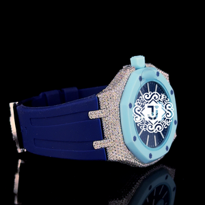 Reloj de Lujo con Esfera Azul, Octagonal, de Latón, Cristal de Zafiro, Cuarzo, Bisel con Pedrería, Correa de Goma, Escala de Barra, Estilo Elegante, 42mm - Product Image 4