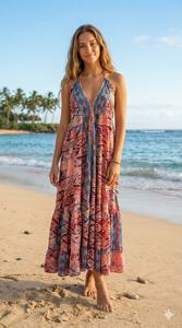 Vestido maxi coreano de talla única, estilo Y2K geométrico, bohemio natural, largo hasta el suelo, de seda tejida, corte en A, sin mangas, con dobladillo con volantes, para uso diario, dulce y elegante. - Product Image 4