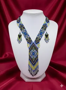 Parure de bijoux bohèmes américains faits main en perles de rocaille bleues BEAUTYFULL – Collier et boucles d'oreilles – Idéal pour anniversaire, Diwali, Noël - Product Image 3