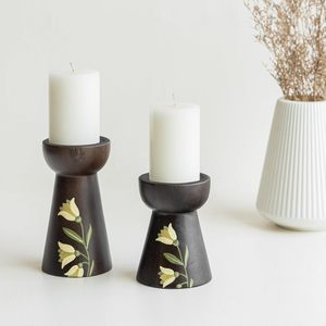Handcrafted <b>Wooden</b> Candle Holder Set of 2 with Floral Hand Painted Design Rustic Dark Wood Pillar Candle Stand for Home Decor - Product Image 1