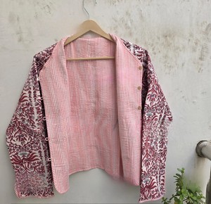 Handmade Knitted Breathable Jaipuri Cotton <b>Quilted</b> <b>Jacket</b> Women Mughal Floral Block Print Reversible Stripe <b>Pattern</b> Cardigan - Product Image 2