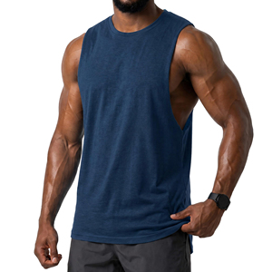 Camiseta sin mangas de algodón azul marino para hombre, cuello redondo, color sólido, informal, transpirable, de punto, de secado rápido y ecológica. - Product Image 1