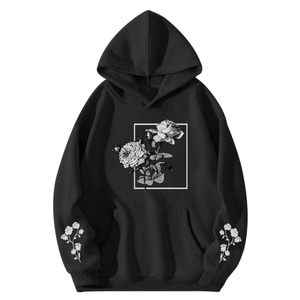 High Quality Unisex Gray Floral Print Hooded <b>Sweatshirt</b> Oversized Cotton French Casual Autumn Wear - Product Image 3