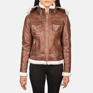 Blouson aviateur en cuir véritable pour femme avec capuche à bordure en fourrure, chapeau amovible, coupe-vent, manteau d'hiver, manches longues, longueur standard - Product Image 6