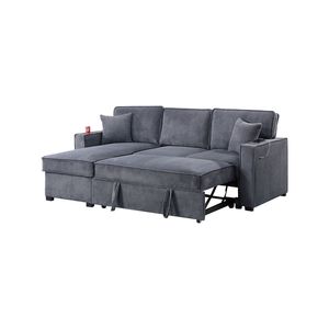 Divano Letto Sezionale Convertibile Grigio Scuro con Chaise Longue Reversibile in Corduroy, Contenitore e Letto Estraibile, 2 Cuscini, Arredamento Soggiorno - Product Image 3