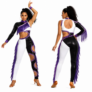 Custom Majorette Team Adults Dance Uniforms Purple Fringe Color Blocked Cheerleading <b>Pants</b> Cutouts <b>Sequin</b> Trim Spandex/Polyester - Product Image 3