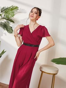 Combinaison élégante en mousseline pour femme, col en V, manches à volants, taille haute, ceinturée, mi-mollet, couleur unie, pour cocktail, printemps-été - Product Image 3