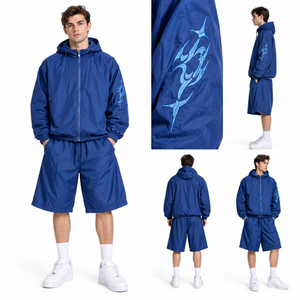 Men Hooded Windbreaker Jacket and Rain Shorts <b>Set</b> Men Lightweight Streetwear Nylon <b>Twin</b> <b>Set</b> Chainile Embroidery Logo Jacket - Product Image 1