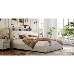 Struttura letto matrimoniale in metallo con testiera ergonomica e prese di ricarica, piattaforma letto con struttura resistente per mobili matrimoniali - Product Image 3