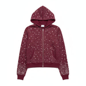 Sweat à capuche zippé oversize glamour avec logo personnalisé, en mélange de coton premium, tricoté uni pour l'hiver, entièrement orné de strass pour homme - Product Image 3