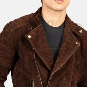 Chaqueta de cuero de gamuza marrón oscuro para hombre, estilo motero, corte ajustado, con hombros acolchados, cremallera asimétrica, para motocicleta. - Product Image 1