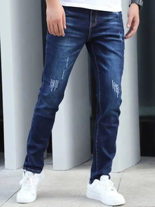 Customized embroidery <b>boot</b> cut stacked <b>pants</b> mens ripped denim jeans for men - Product Image 3