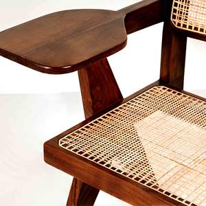 Silla de Estudio Estilo Pierre Jeanneret al por Mayor, Silla de Escritura de Madera Maciza con Patas en V, con Tableta Integrada y Asiento de Ratán Natural - Product Image 5