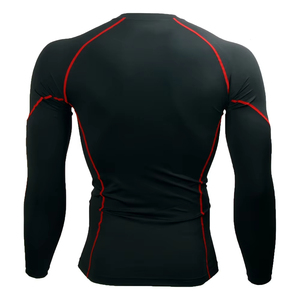 Maillot de compression à manches longues pour homme, noir avec bordure rouge, séchage rapide, polyester, pour entraînement sportif, fitness, natation, surf - Product Image 4