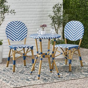 Set Bistrot Francese 3 Pezzi Blu Navy e Bianco, Mobili da Esterno in Alluminio con Finitura Bambù, Durevoli ed Eleganti - Product Image 1