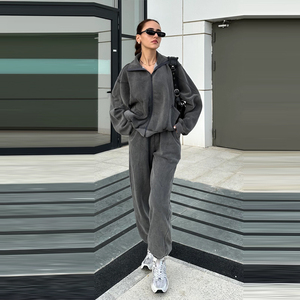 Combinaison zippée en polaire gris surdimensionnée, coupe classique, col montant, unisexe, pour l'automne - Product Image 2