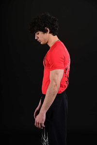 Camiseta de Manga Corta para Hombre, Roja, Corte Ajustado, con Estampado a Cuadros, Cuello Redondo, Material Spandex Transpirable, 360g, Secado Rápido - Product Image 3