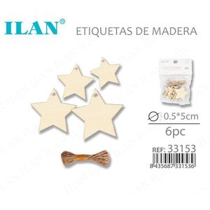 Étiquettes étoiles en bois Ilan 5x0,5 cm avec cordon en jute, 6 pièces pour l'étiquetage des vêtements - Product Image 3