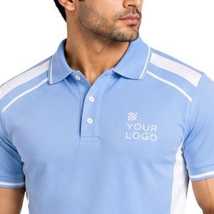 เสื้อโปโลชายสีเหลืองพรีเมียมและสีน้ำเงินกรมท่า พร้อมแถบไหล่ตัดสีและรายละเอียดแผงด้านข้าง ปักโลโก้ตามสั่งสำหรับกอล์ฟ - Product Image 5