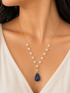 Collier personnalisé plaqué rhodium avec perle de culture d'eau douce en forme de goutte bleu saphir, chaîne en Y, bijou de luxe pour femme, idéal pour mariée - Product Image 1