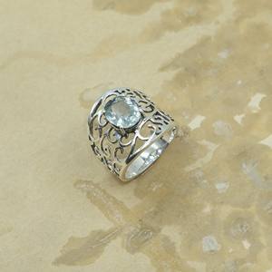 Natural Blue Topaz Silver <b>Ring</b> Handmade Filigree Wide Band <b>Statement</b> <b>Ring</b> Vintage Design Jewelry Gift for Women for unisex Him - Product Image 5