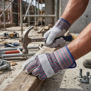 Gants de travail en cuir de vachette de première qualité avec dos en coton rayé et manchette de sécurité pour la construction et les travaux lourds - Product Image 3