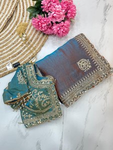 ส่าหรีผ้าชีฟองสองสีส่าหรีดีไซน์สวยสง่าผ้าส่าหรี - Product Image 1