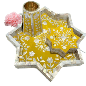 Yellow Mother of Pearl Tray Set | Handmade Bakhoor Madkhan Oud Box | Luxury Gulf UAE Majlis Home Decor <b>Gift</b> Ramadan Eid Decor - Product Image 2