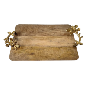 Bandeja de servir ovalada de madera de mango de lujo con asas de hoja de metal dorado hechas a mano, bandeja decorativa para cocina, hotel y restaurante - Product Image 3